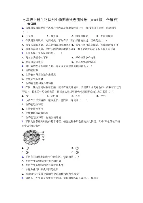 七年级上册生物滁州生物期末试卷测试卷(word版,含解析)