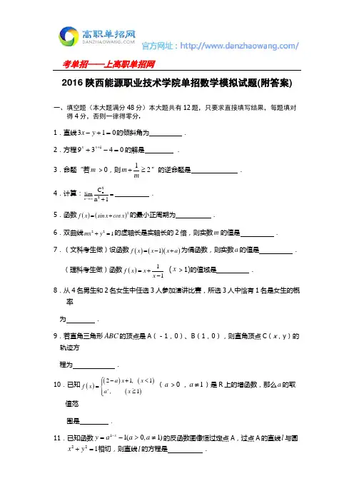 2016陕西能源职业技术学院单招数学模拟试题(附答案)