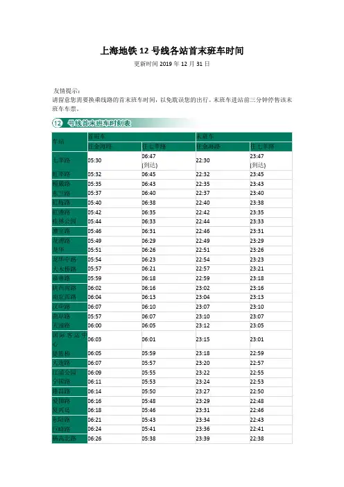上海地铁12号线各站首末班车时间(更新时间2019年12月31日)