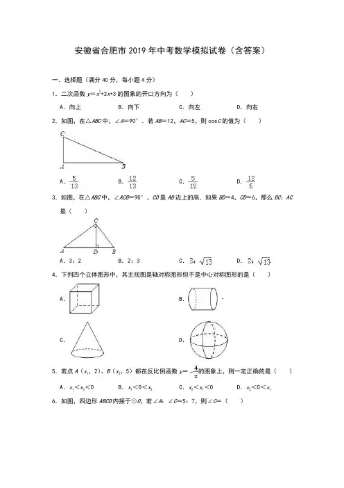  安徽省合肥市2019年中考数学模拟试卷(附答案)