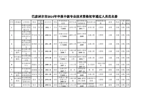 巴彦淖尔市2014年申报中级专业技术资格初审通过人员花名册