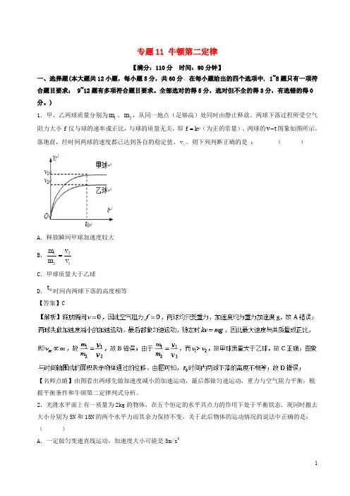 高考物理一轮复习 专题11 牛顿第二定律(测)(含解析)