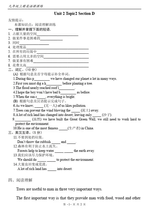 【课课练】仁爱九年级上册Unit2-Topic2-SectionD-课课练