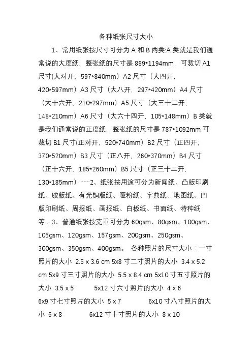 各种纸张尺寸大小