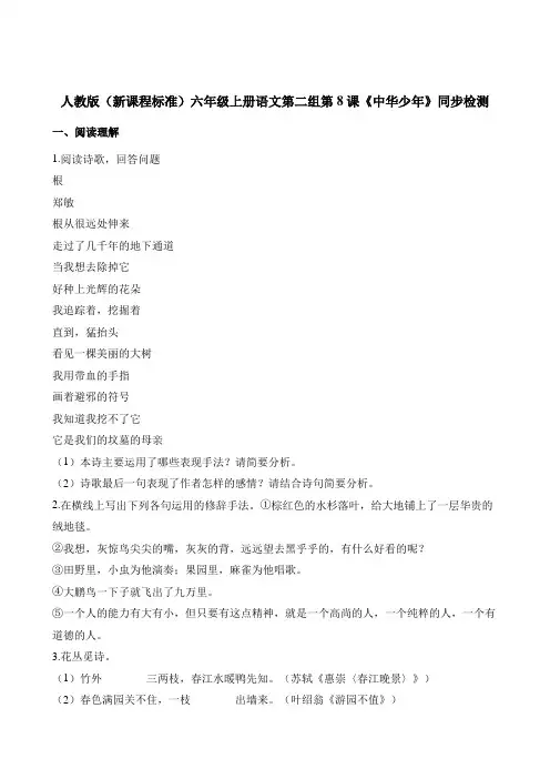 六年级上册语文一课一练-第二组第8课《中华少年》人教新课标含答案