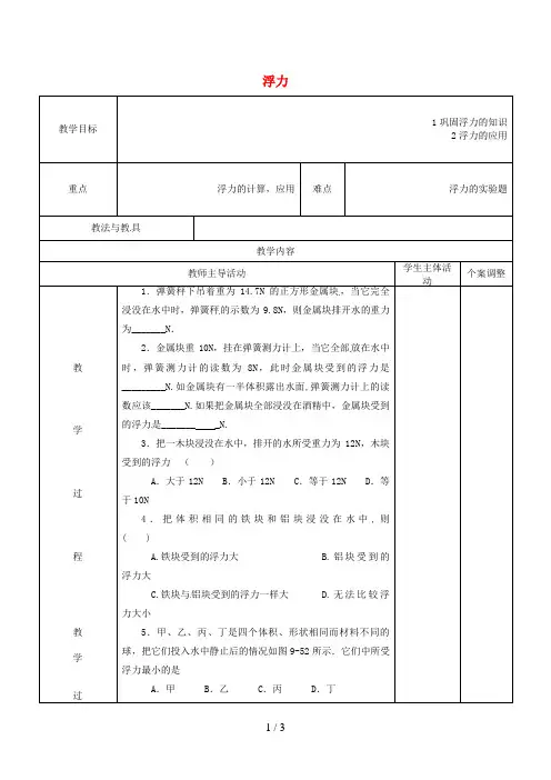 江苏省新沂市八年级物理下册10.4浮力练习教案1苏科版