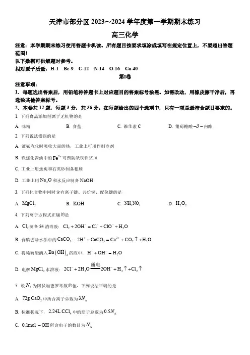2023-2024学年天津市部分区高三上学期期末练习化学试卷含详解