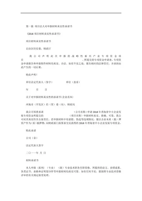 项目法人对申报材料真实性承诺书范文