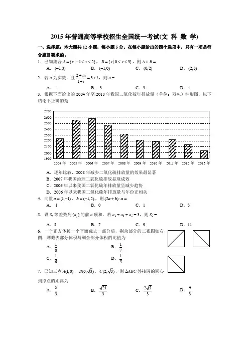 2015年高考真题——文科数学及答案(新课标II卷)Word版含答案