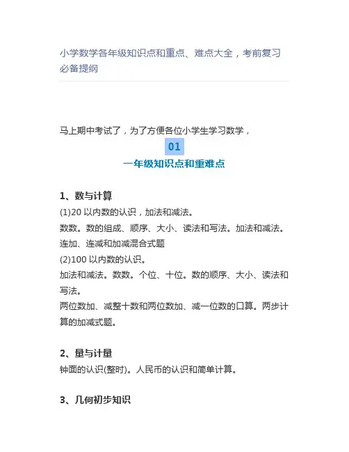 小学数学各年级知识点和重点、难点大全,考前复习必备提纲