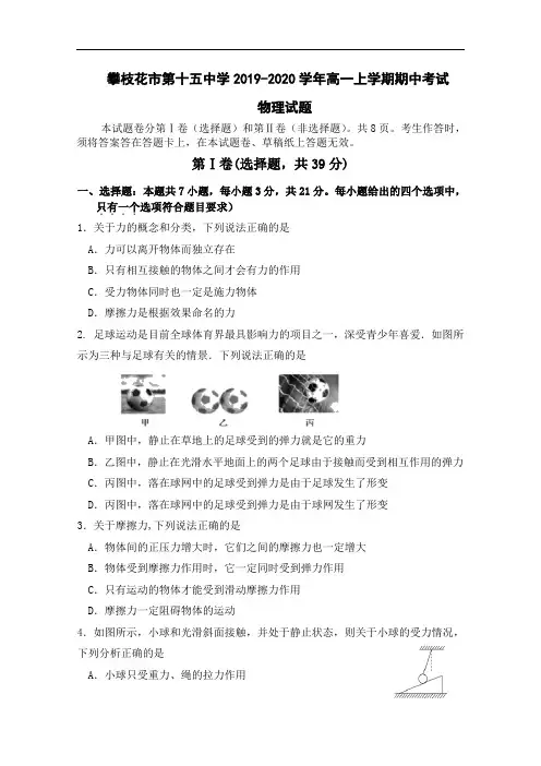四川省攀枝花市第十五中学2019-2020学年高一上学期期中考试物理试题( 含答案)