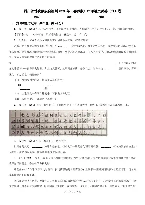 四川省甘孜藏族自治州2020年(春秋版)中考语文试卷(II)卷