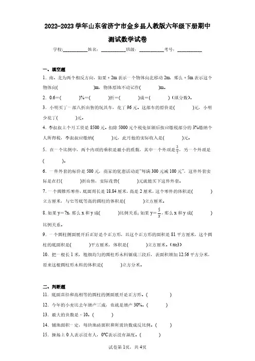 2022-2023学年山东省济宁市金乡县人教版六年级下册期中测试数学试卷(含答案解析)
