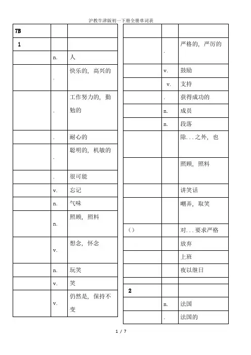 沪教牛津版初一下册全册单词表