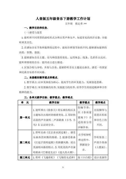人音版五年级音乐下册教学工作计划