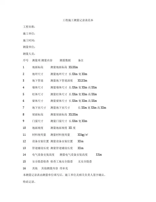工程施工测量记录表范本