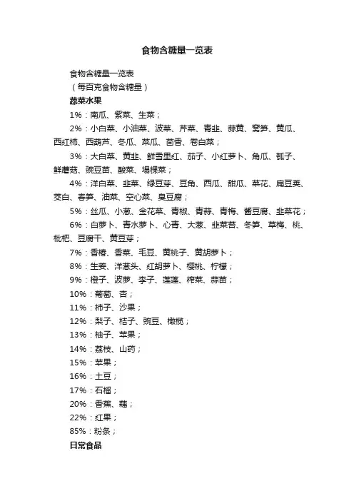 食物含糖量一览表