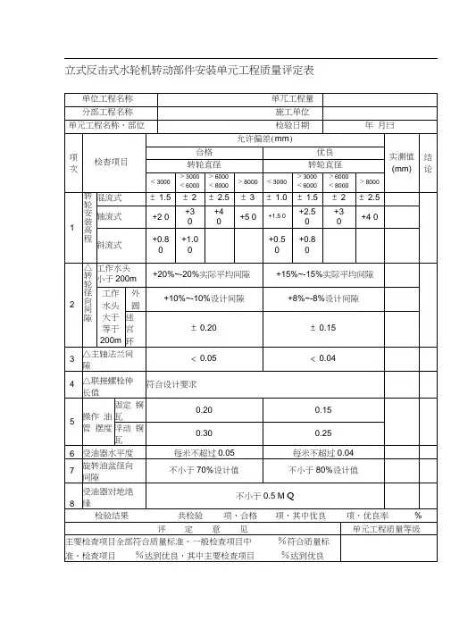 立式反击式水轮机转动部件安装单元工程质量评定表