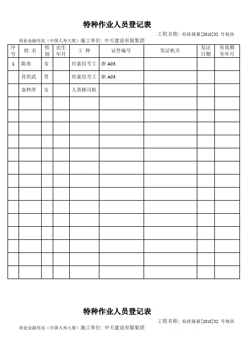 特种作业人员登记表