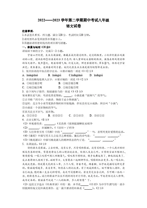 河南省洛阳市嵩县2022-2023学年八年级下学期期中语文试题(含答案)
