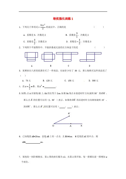 七年级数学上册 培优强化训练1 新人教版