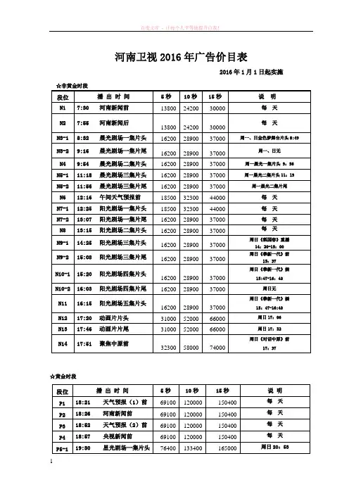 河南卫视2016年广告价目表