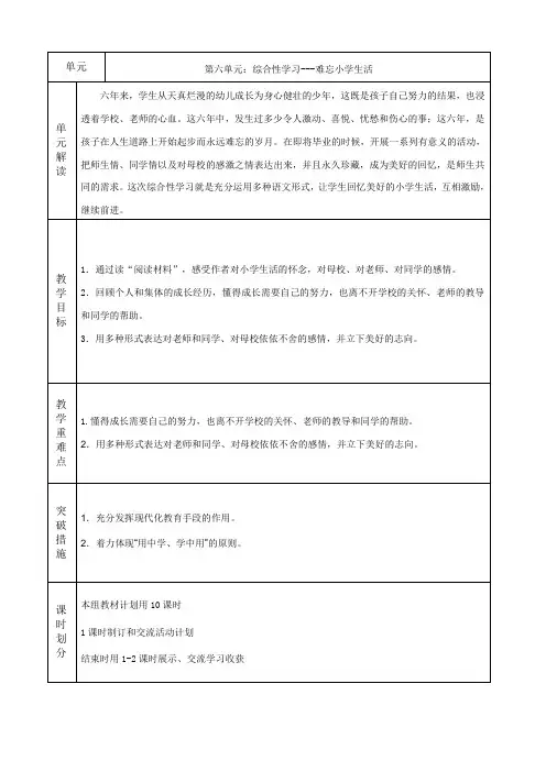 人教新课标小学语文六年级下册第六单元教案