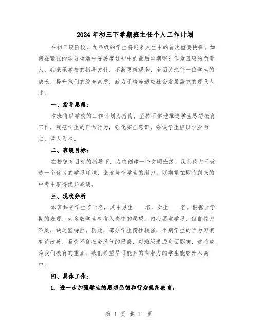 2024年初三下学期班主任个人工作计划（6篇）