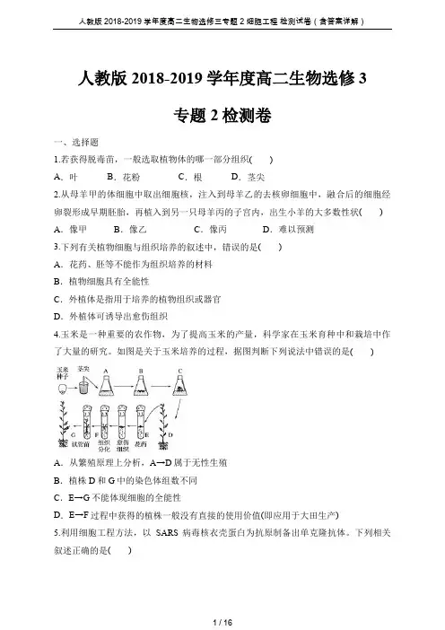 人教版2018-2019学年度高二生物选修三专题2 细胞工程 检测试卷(含答案详解)