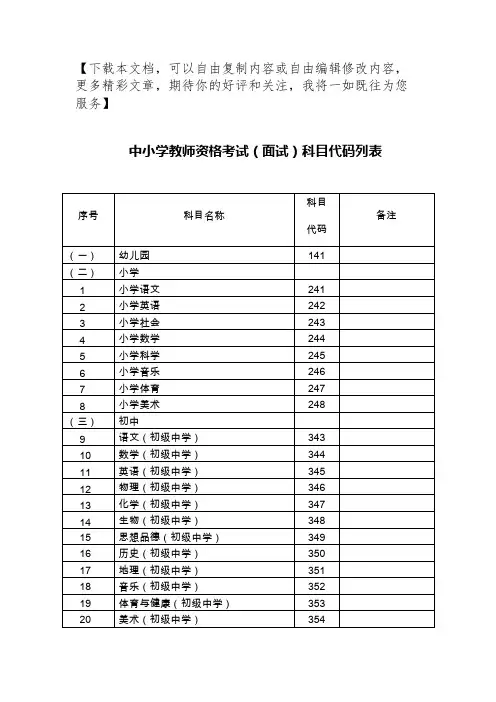 教师资格考试科目代码对照表