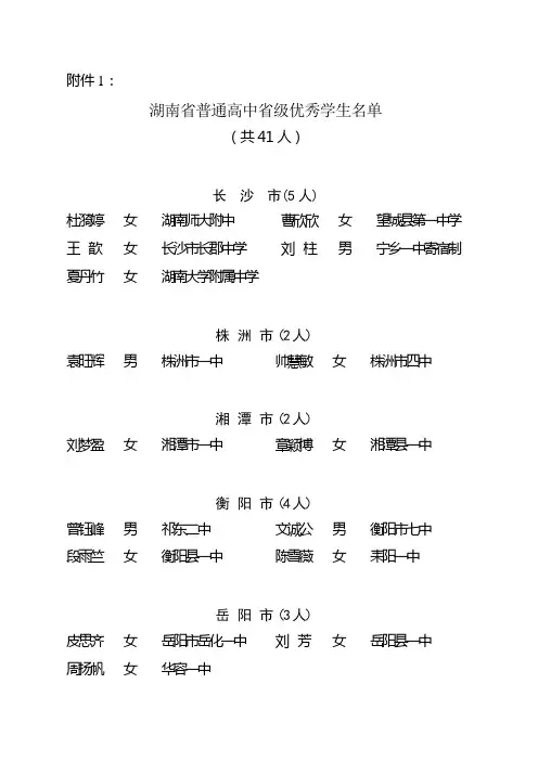 湖南省普通高中省级优秀学生名单