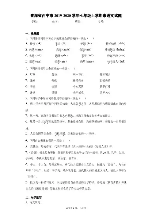 青海省西宁市2019-2020学年七年级上学期末语文试题