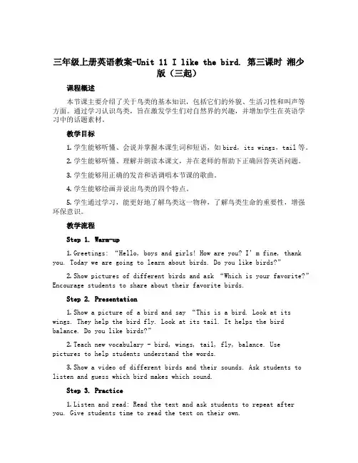 三年级上册英语教案-Unit 11 I like the bird.第三课时 湘少版(三起)