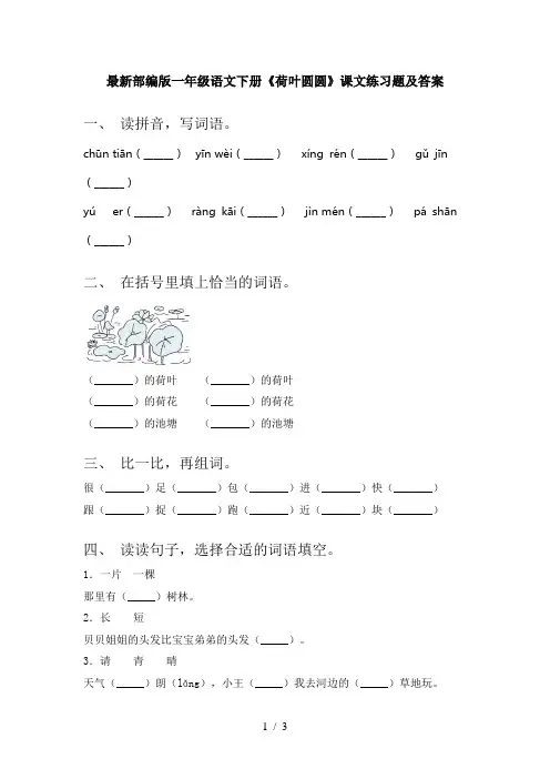 最新部编版一年级语文下册《荷叶圆圆》课文练习题及答案