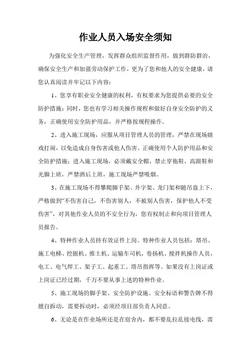 作业人员入场安全须知Microsoft Word 文档