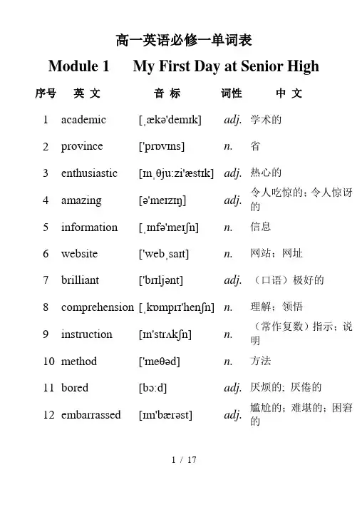 外研社高一英语必修1单词表