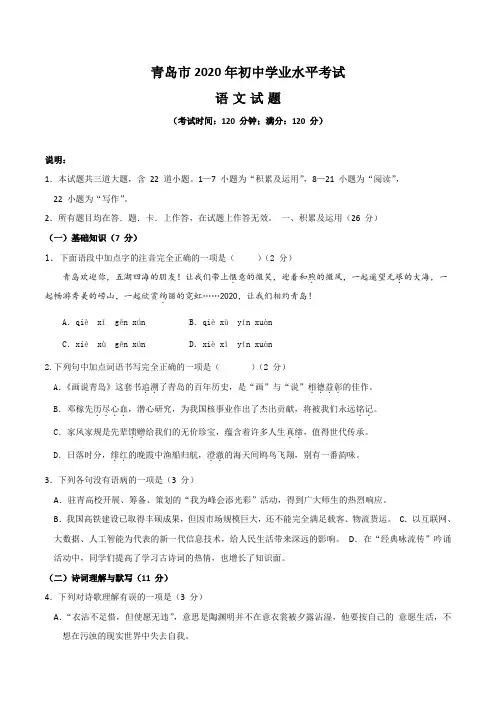 山东省青岛市2020年中考语文试题(Word版,含答案)