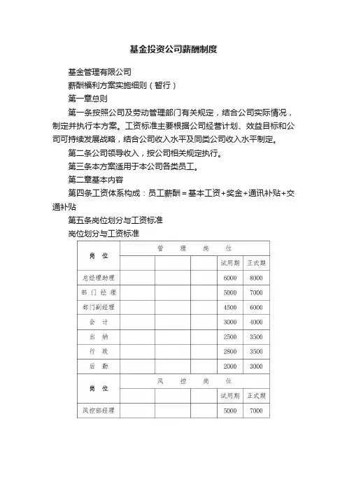 基金投资公司薪酬制度