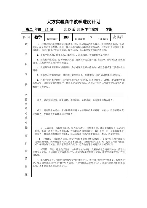 2015-2016高二数学教学工作计划,教学工作计划,高二数学第一学期教学工作计划