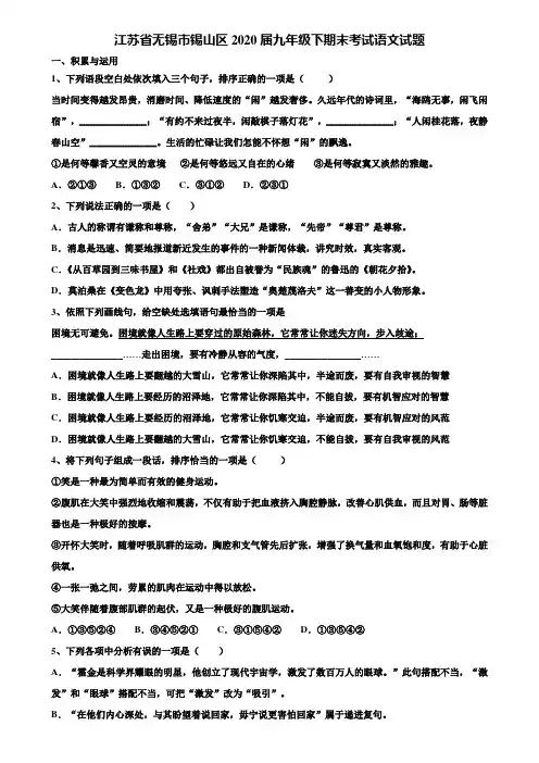 【附20套中考模拟试题】江苏省无锡市锡山区2020届九年级下期末考试语文试题含解析