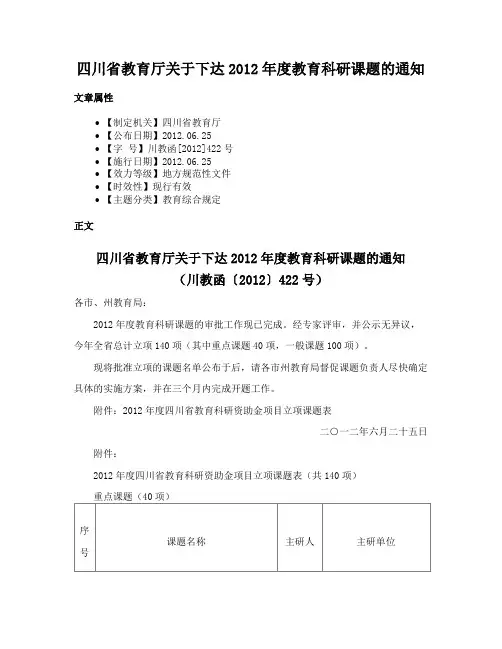 四川省教育厅关于下达2012年度教育科研课题的通知