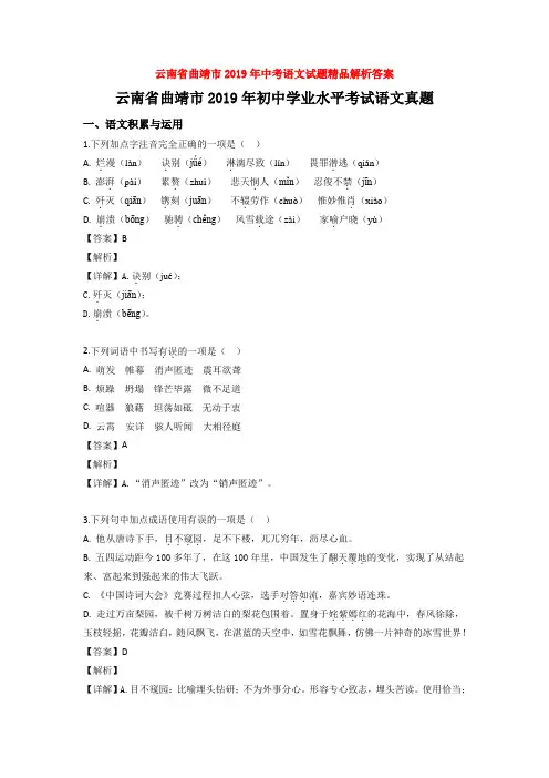云南省曲靖市2019年中考语文试题精品解析答案
