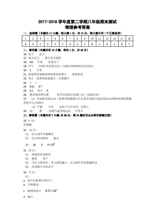 2017-2018第二学期初二物理期末考试参考答案