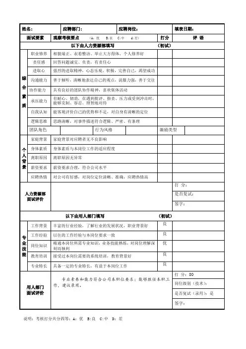 新员工面试评价表