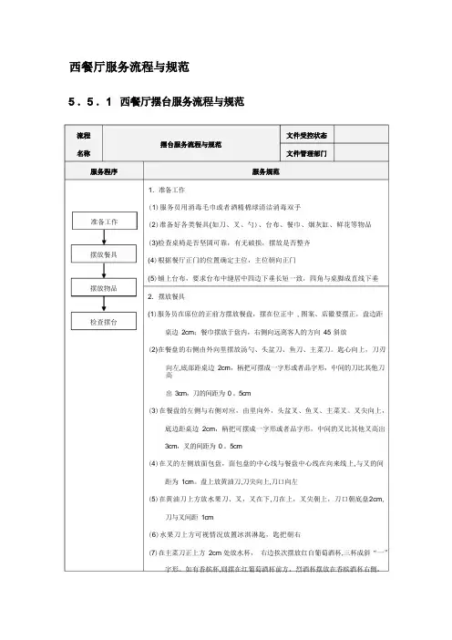 西餐厅服务流程与规范