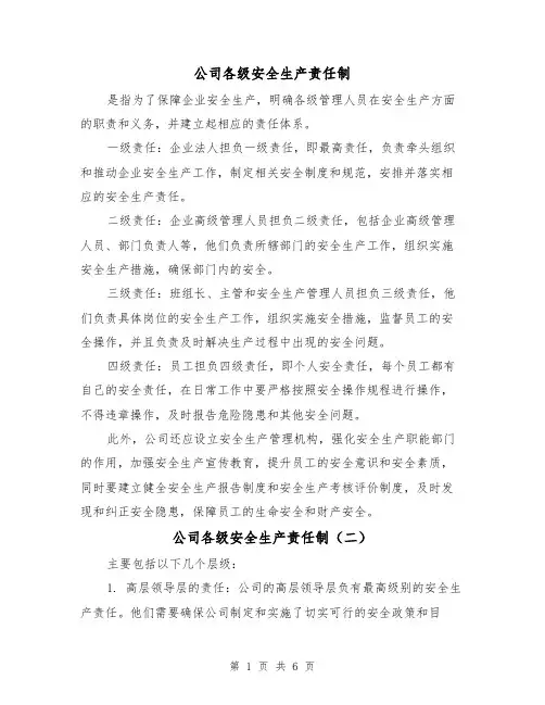 公司各级安全生产责任制（三篇）