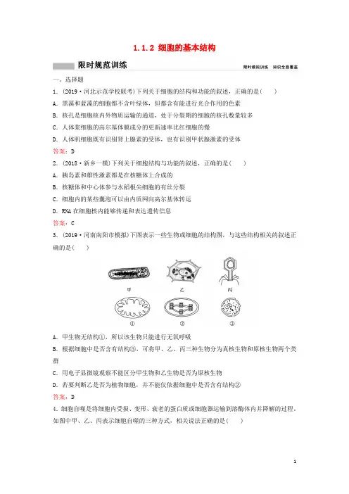 高考生物二轮总复习专题一细胞的分子组成与结构1.1.2细胞的基本结构专题限时训练
