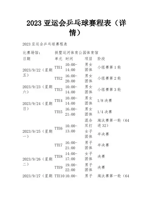 2023亚运会乒乓球赛程表(详情)