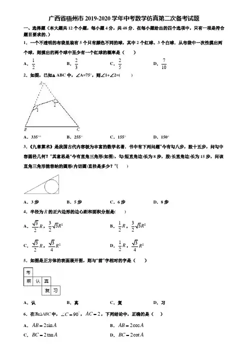 广西省梧州市2019-2020学年中考数学仿真第二次备考试题含解析