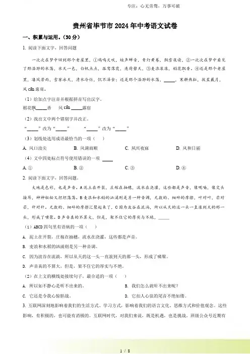 解析：2024年贵州省毕节市中考语文真题(原卷版)